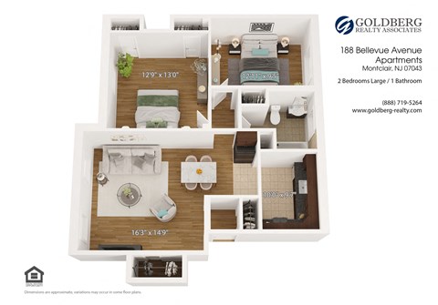 Floor plan for 2 beds, 1 bath, 880 sqft
